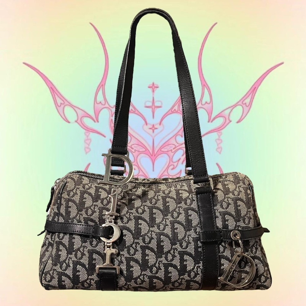 Christian Dior Navy Logo Charm Oblique Monogram Signature Trotter Boston Bag